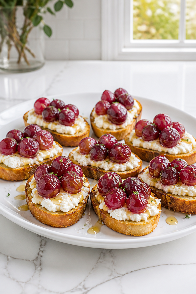Roasted Grape Ricotta Honey Crostini