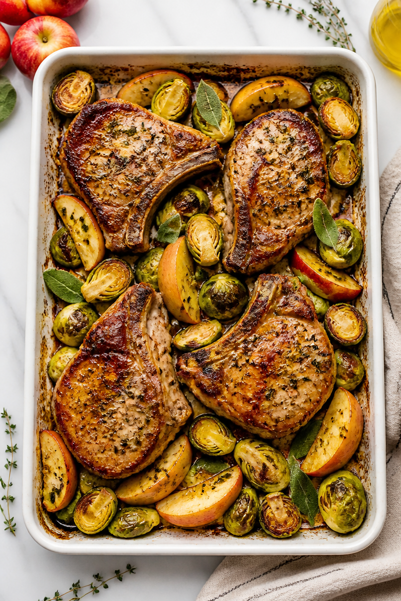 Sheet Pan Pork Chop Apple Brussels