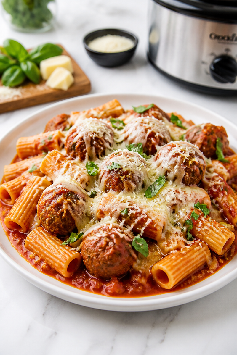 Slow Cooker Meatball Pasta Marinara Dinner