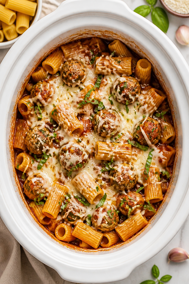Slow Cooker Meatball Pasta Marinara Dinner