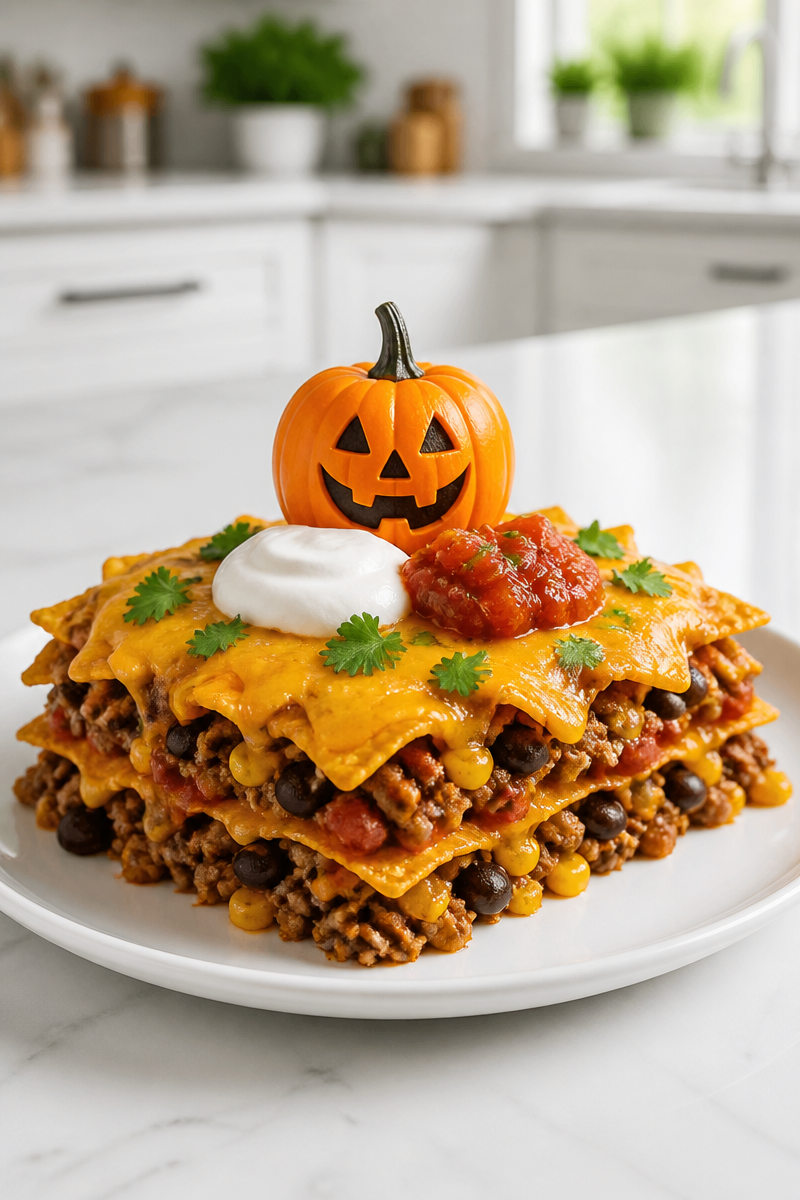 Spooky Jack O Lantern Beef Taco Casserole Spooky Jack O Lantern Beef Taco Casserole
