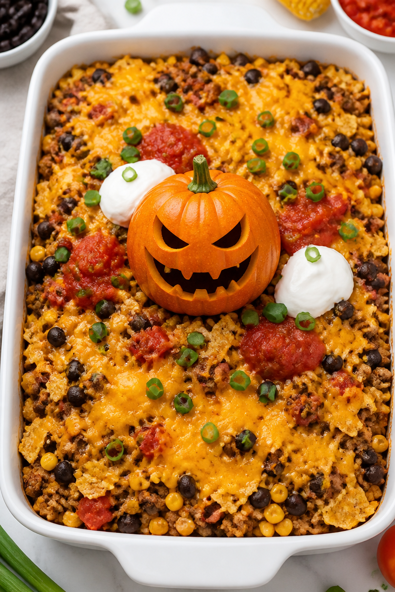 Spooky Jack O Lantern Beef Taco Casserole Spooky Jack O Lantern Beef Taco Casserole