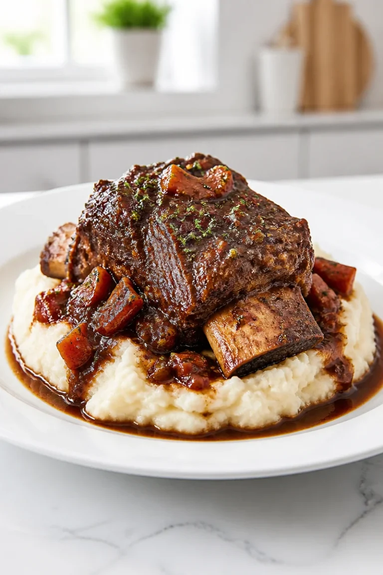 Delicious braised short rib served with red wine mashed potatoes