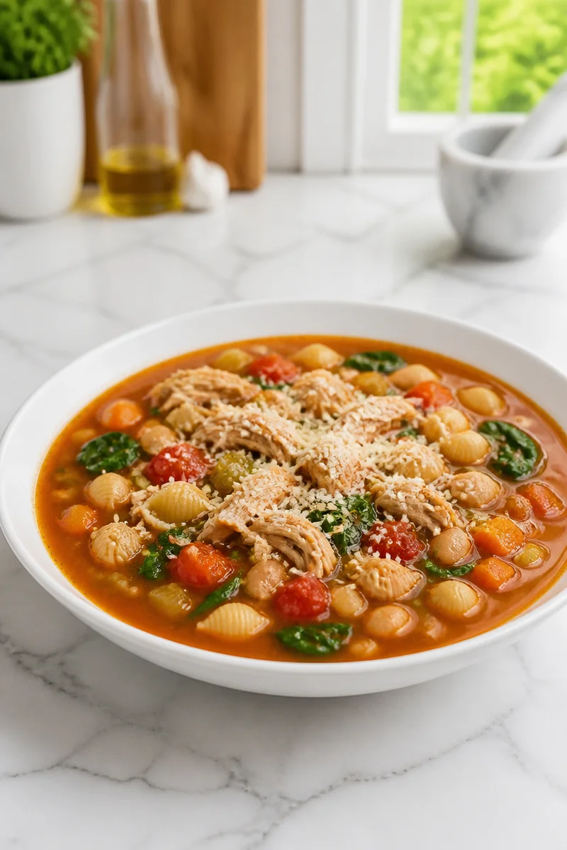 Bowl of Chicken Minestrone Vegetable Bean Soup garnished with herbs.