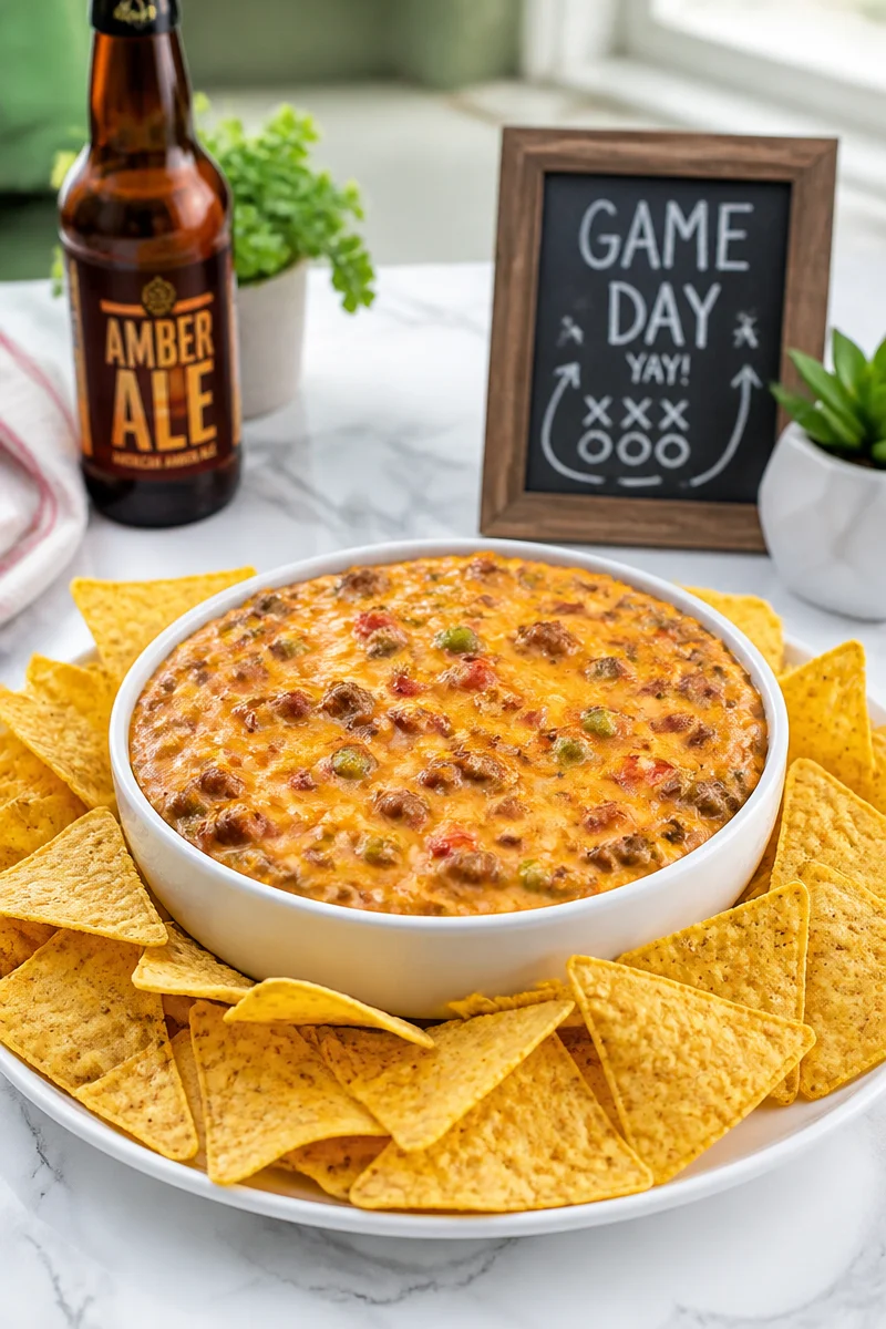 Delicious Chili Beer Cheese Dip served in a bowl for game day snacks.