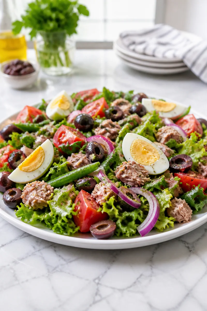 Classic Niçoise salad with fresh vegetables, tuna, and olives