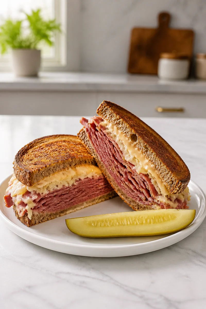 Classic Reuben sandwich grilled on rye bread with corned beef and Swiss cheese