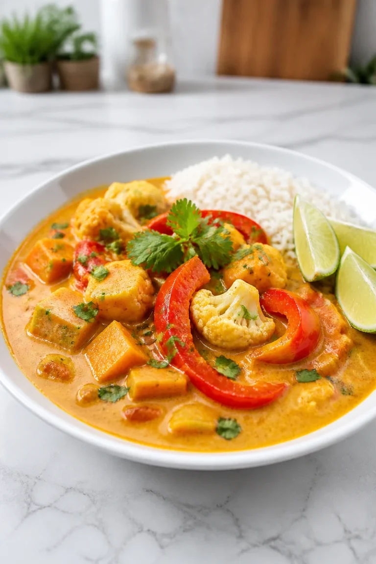 Bowl of Coconut Curry Soup with seasonal vegetables