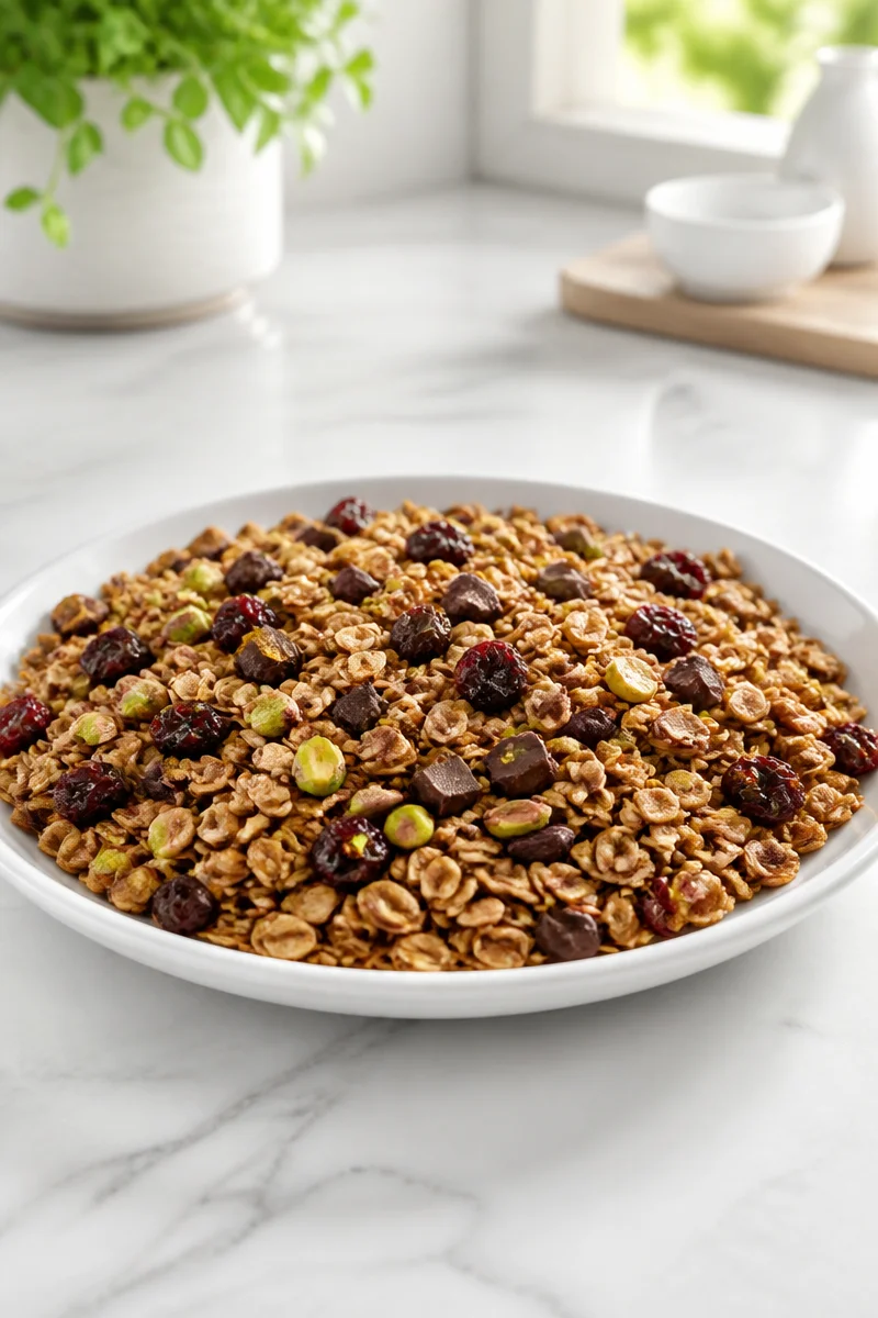 Bowl of cranberry pistachio dark chocolate granola topped with fresh ingredients.