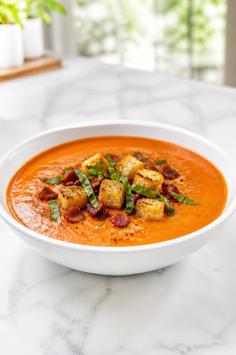 Creamy cream of tomato soup with bacon in a bowl garnished with herbs