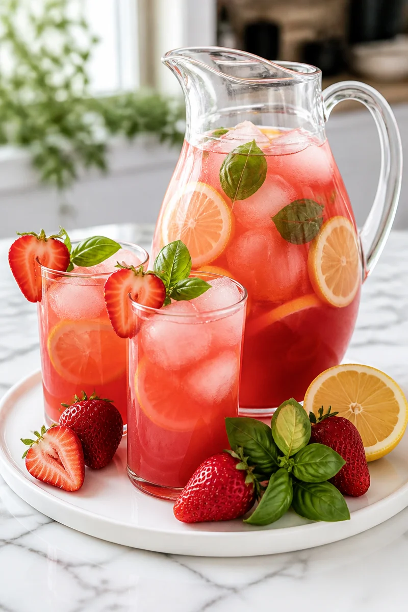 Freshly made strawberry basil lemonade in a glass with strawberries and basil leaves