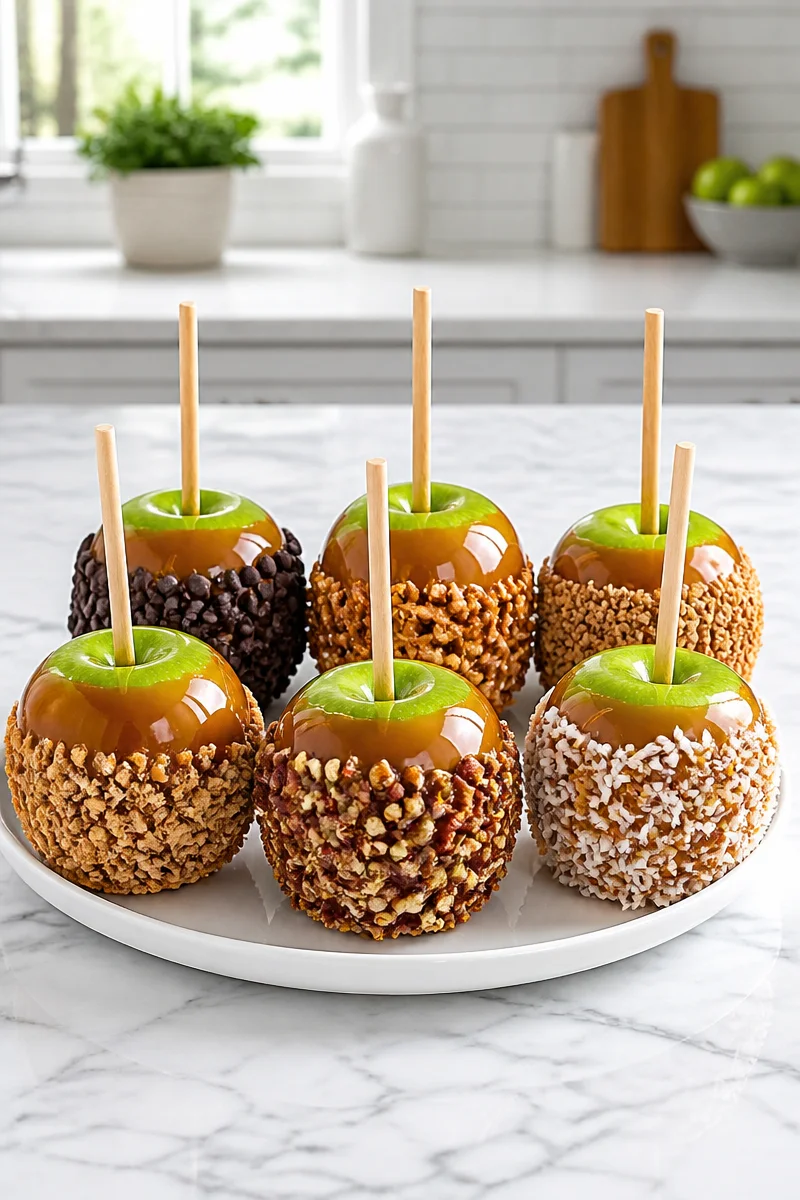 Gourmet caramel apple with a crunchy nut coating, perfect for a sweet dessert.