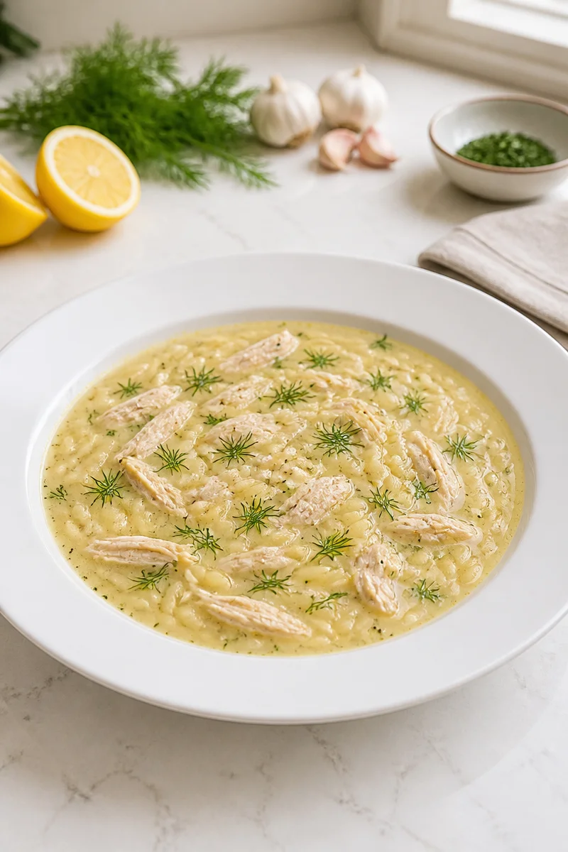 Bowl of Greek Avgolemono Chicken Lemon Soup garnished with fresh herbs