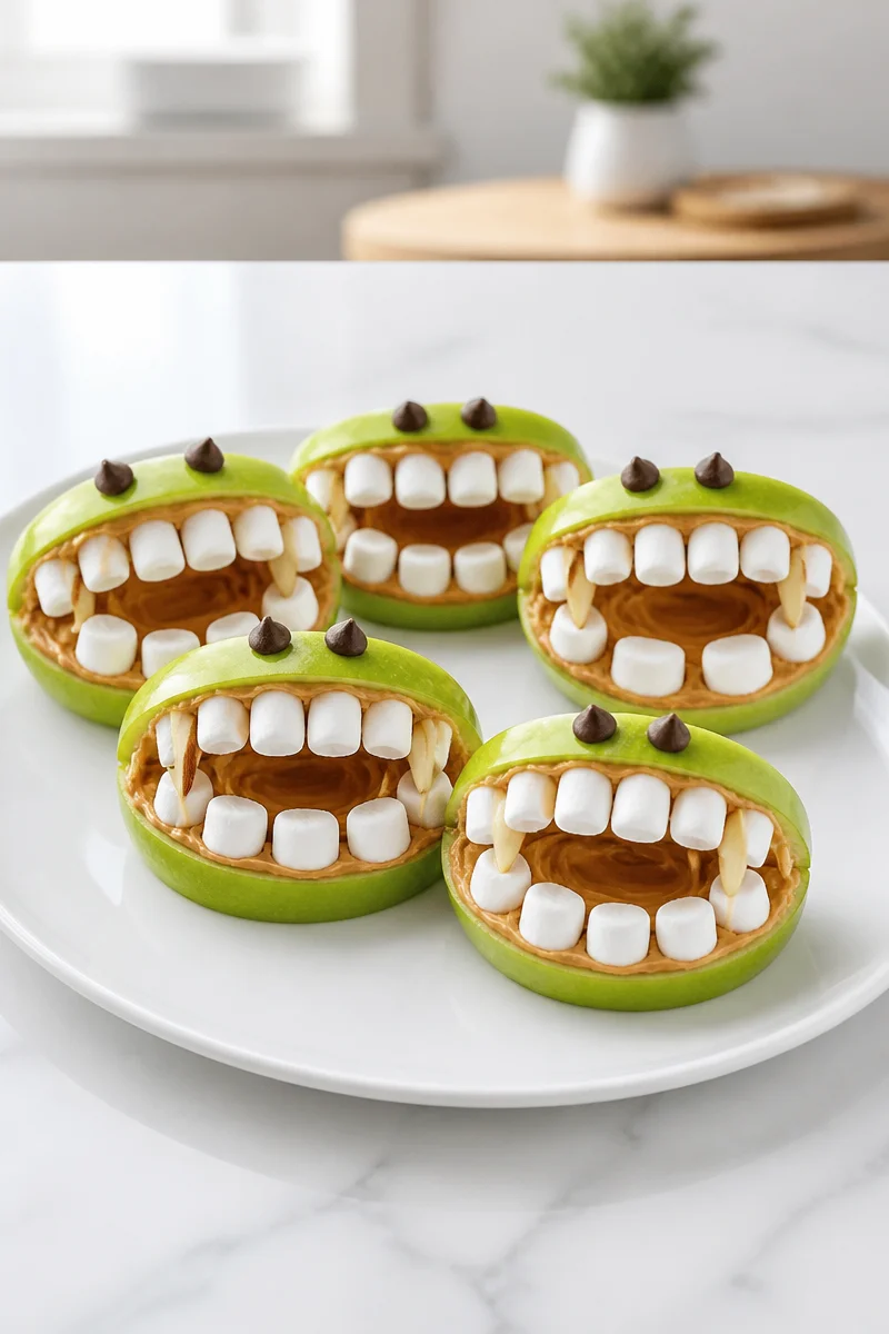 Green Apple Monster Mouth Snack with peanut butter and candy eyes