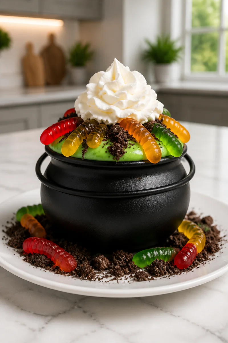 Delicious Green Witch Brew Pudding Cup with vibrant green color and toppings