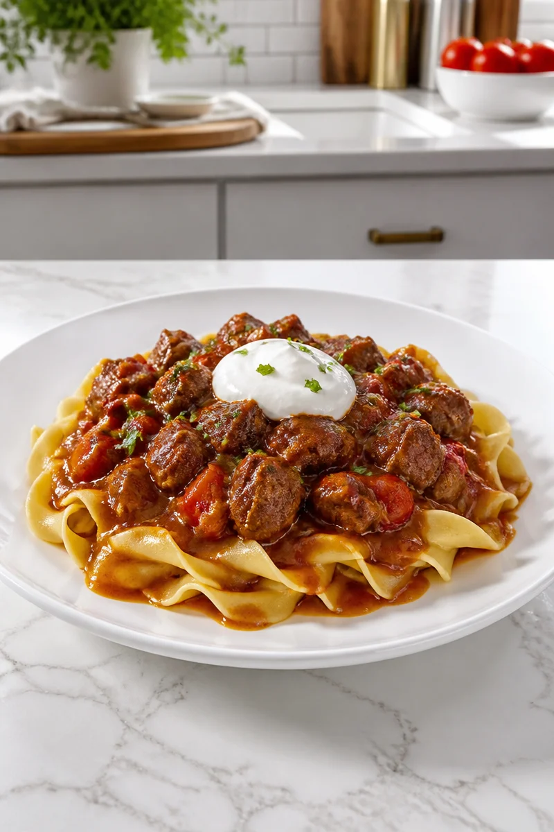 Bowl of Hungarian Goulash made with sweet paprika and tender beef