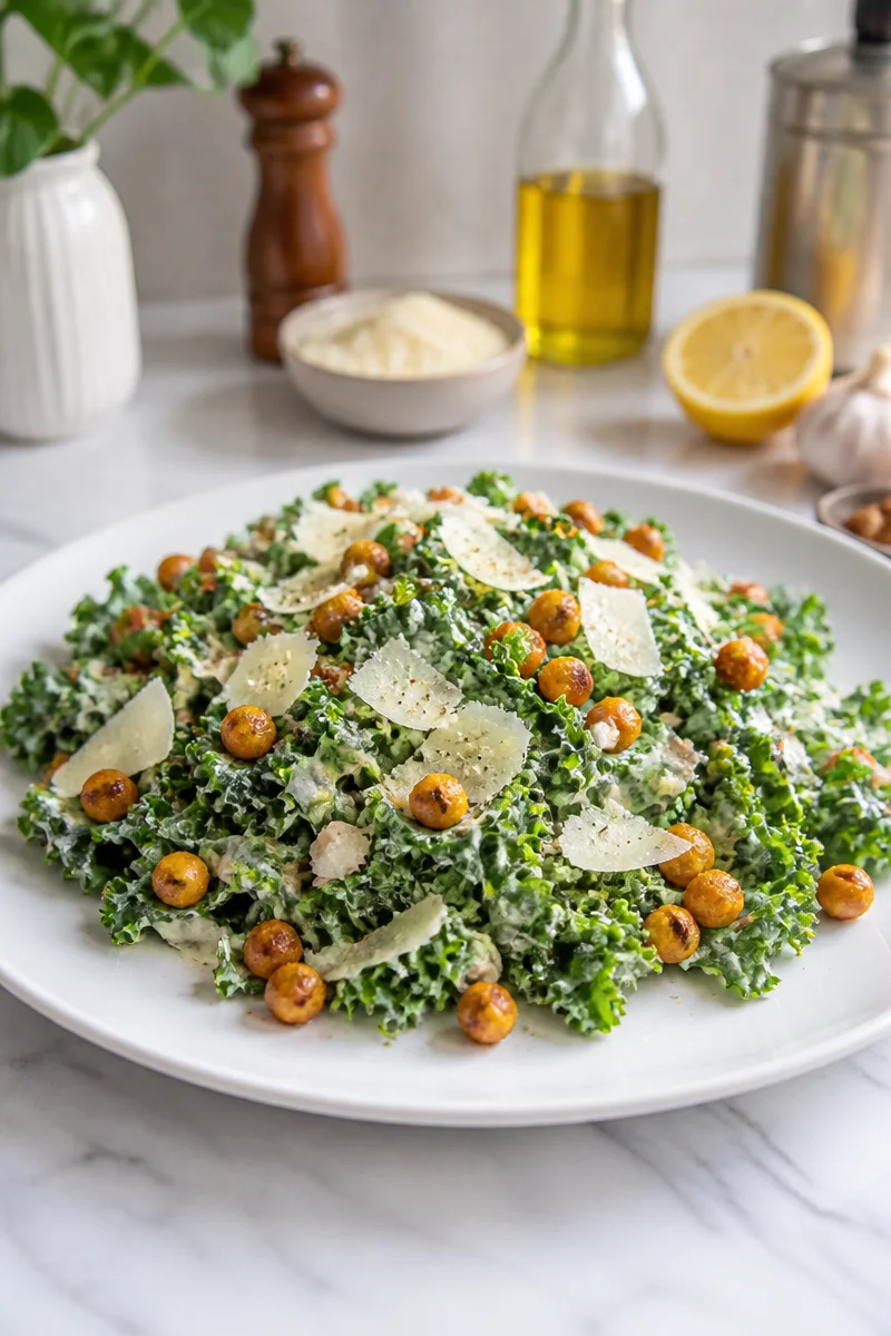 Kale Caesar Salad with roasted chickpea croutons in a bowl