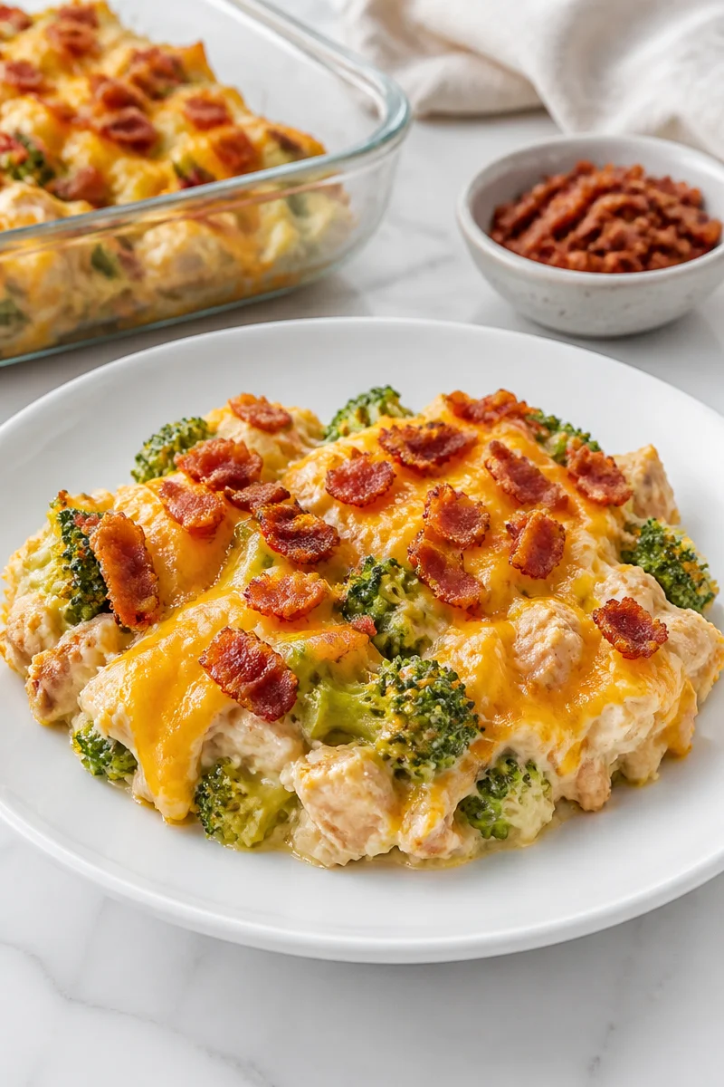 Delicious Keto Chicken Bacon Ranch Casserole topped with crispy bacon and cheese.