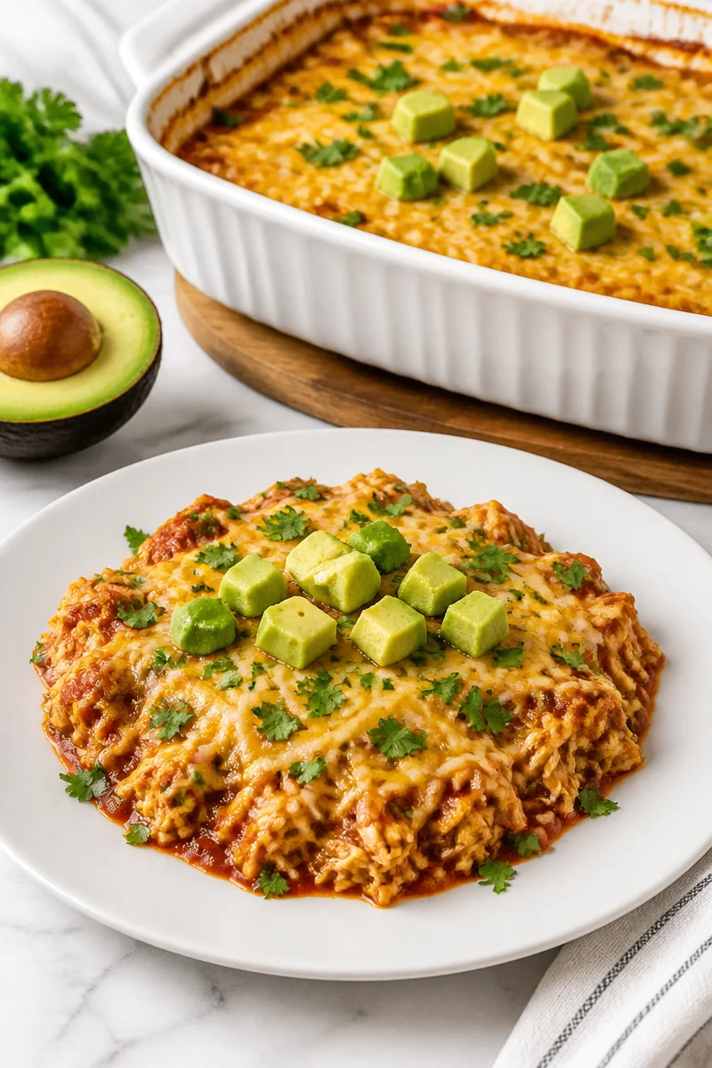 Keto Chicken Enchilada Casserole Bake served with toppings.