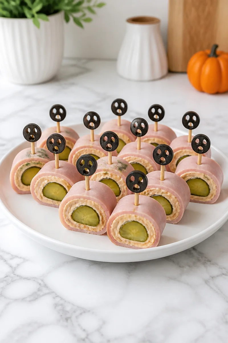 Keto Halloween Deviled Ham Roll-Ups served on a platter