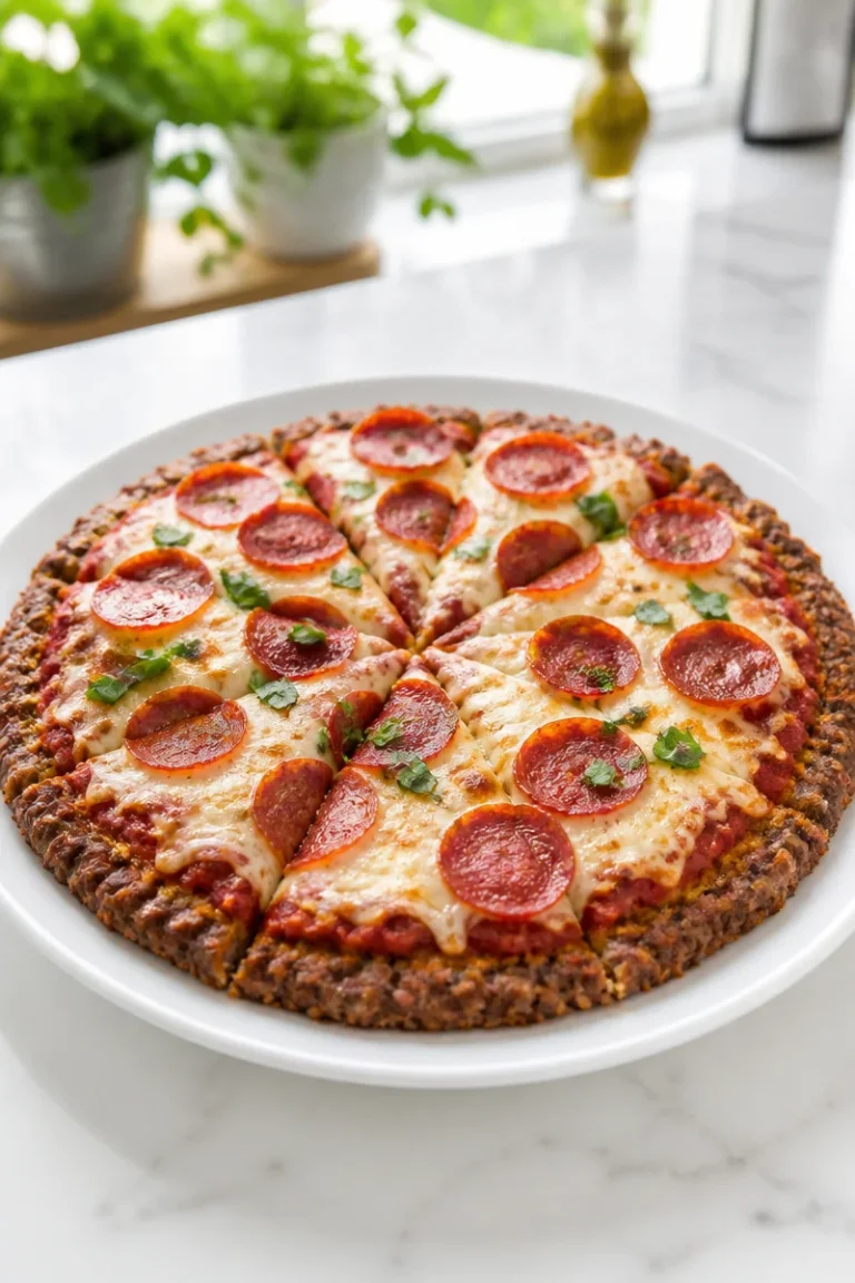 Keto Pepperoni Pizza Meatza Bake topped with cheese and pepperoni, low-carb meal.