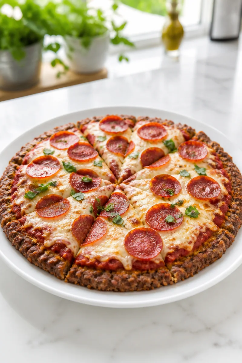 Keto Pepperoni Pizza Meatza Bake topped with cheese and pepperoni, low-carb meal.