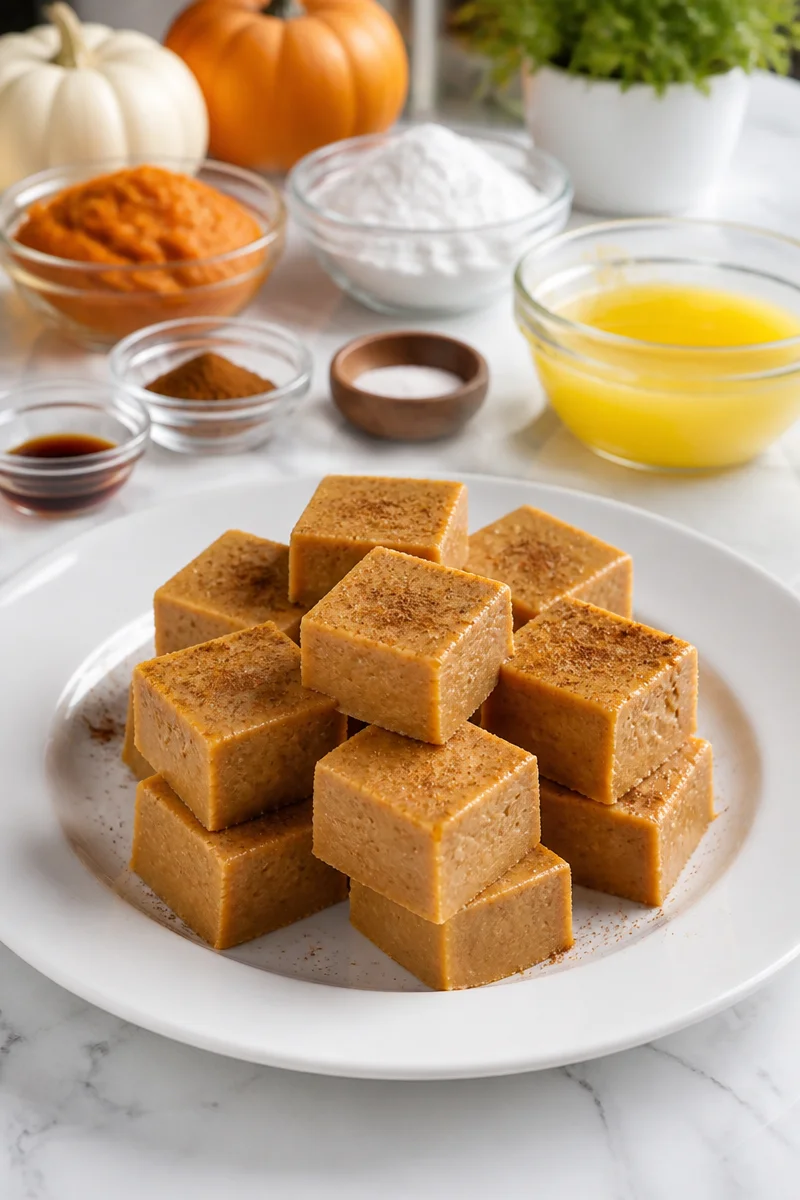 Keto pumpkin spice fudge bites on a marble countertop, topped with pumpkin spice.