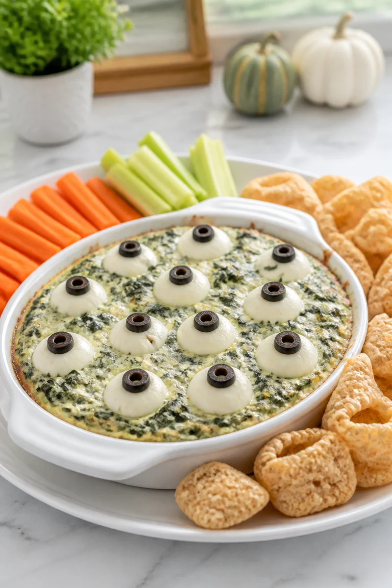 Keto spooky spinach dip eyeballs served in a festive bowl for Halloween.