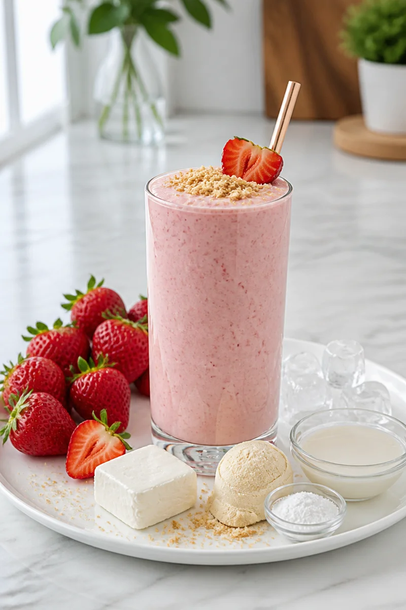 A delicious Keto Strawberry Cheesecake smoothie topped with fresh strawberries.