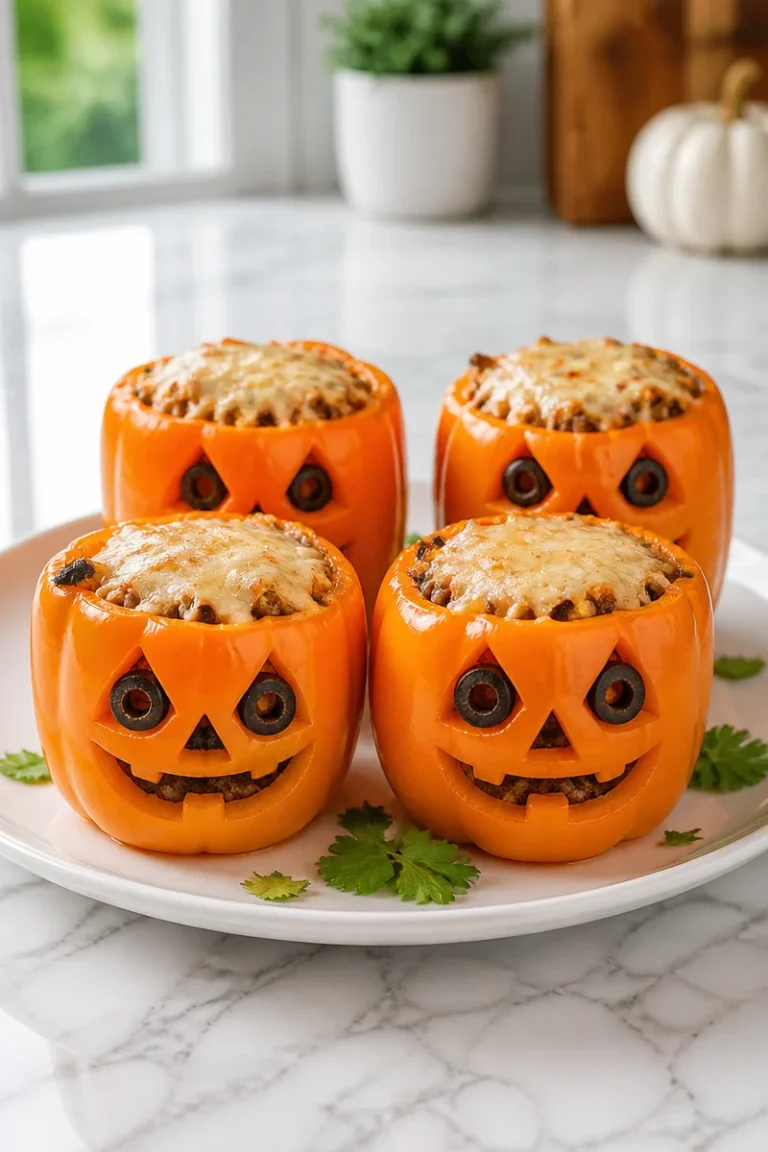 Keto Stuffed Peppers shaped like Jack-o'-lanterns for Halloween.