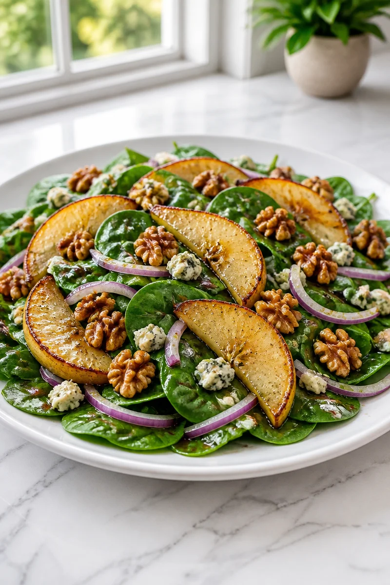 Maple roasted pear walnut spinach salad with vibrant ingredients.