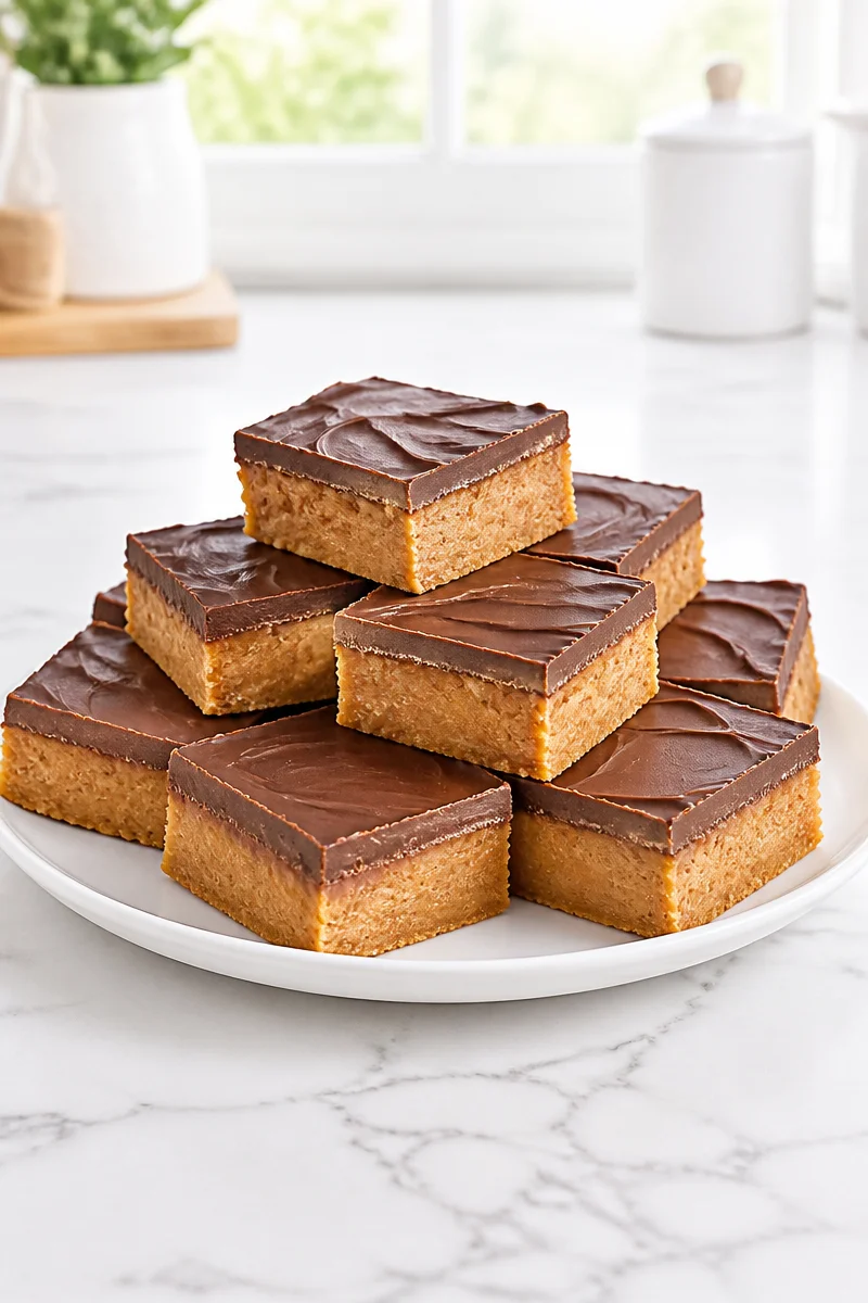 Delicious no bake peanut butter bars cut into squares on a plate