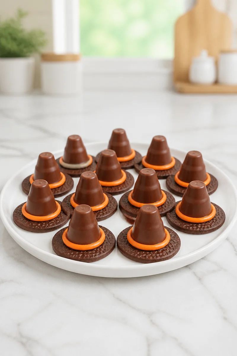 No bake witch hat cookies decorated for Halloween