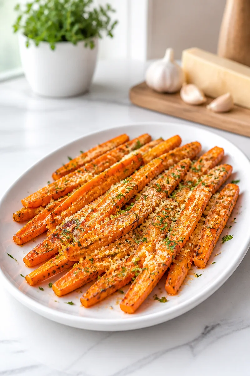 Parmesan roasted carrots garnished with garlic, served as a side dish.