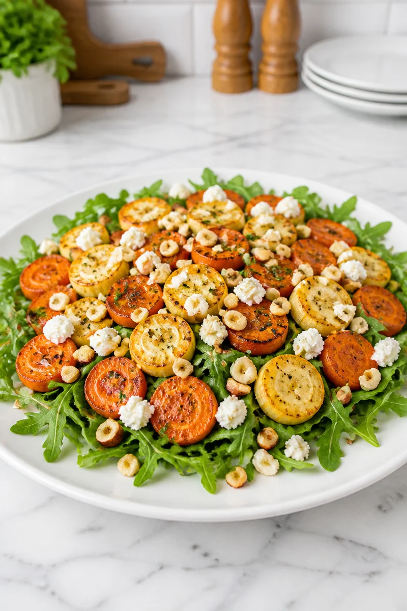 A vibrant roasted carrot parsnip salad with fresh greens and herbs