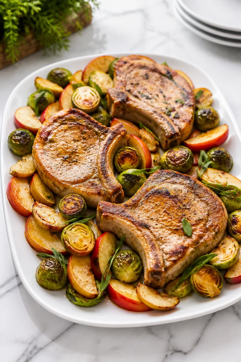 Sheet pan pork chops with apples and Brussels sprouts ready to serve