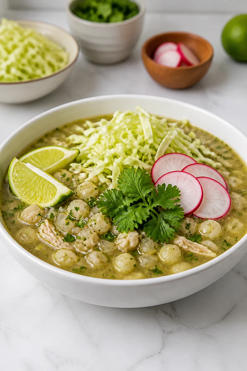 Bowl of Slow Cooker Chicken Posole Verde with toppings