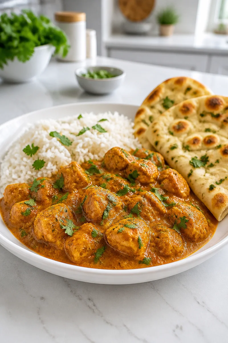 Bowl of Slow Cooker Chicken Tikka Masala with rice and herbs