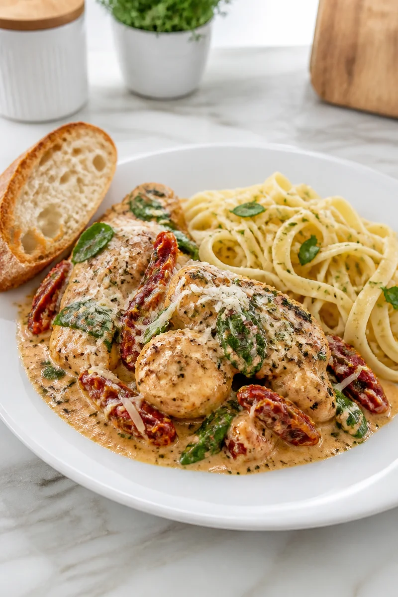 A bowl of slow cooker Tuscan chicken tomato with herbs and spices