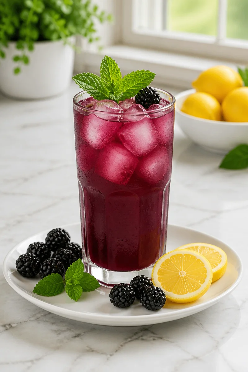 Spooky black magic blackberry lemonade in a glass with blackberries and lemons.
