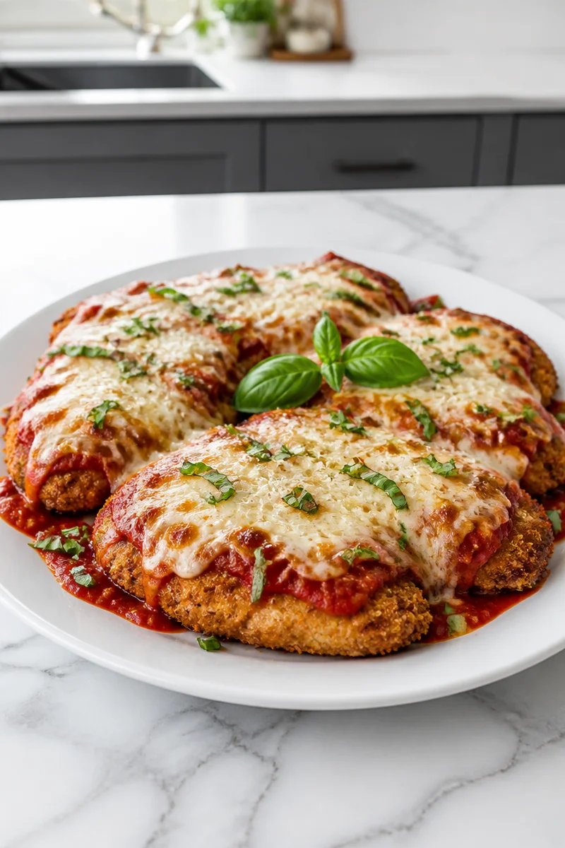 Steakhouse Chicken Parmesan with mozzarella and marinara sauce plated elegantly