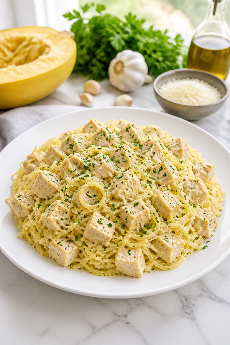 Baked Spaghetti Squash Chicken Alfredo