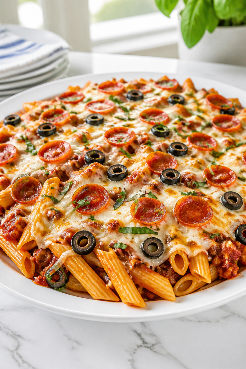 Baked Ziti Pizza Casserole Fusion