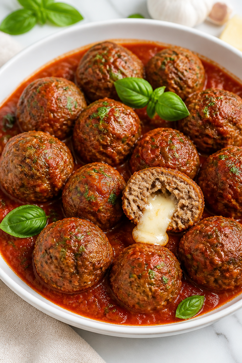Cheese Curd Stuffed Meatball Marinara