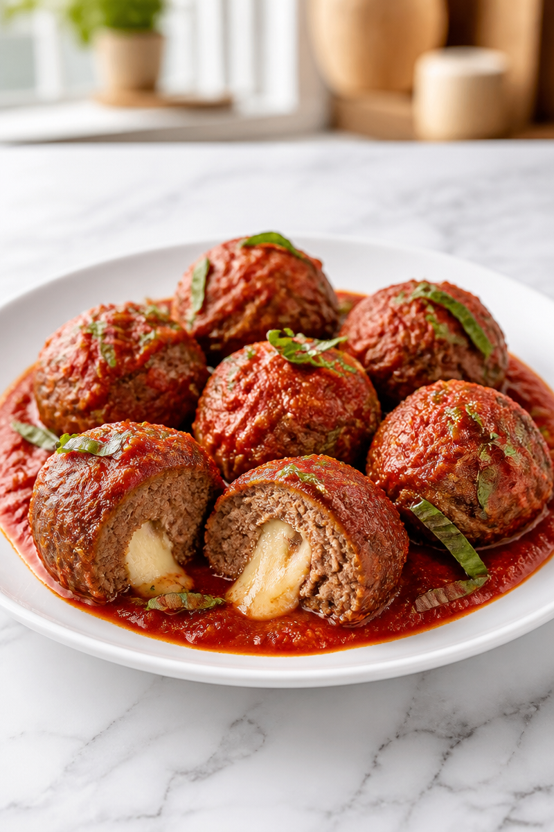 Cheese Curd Stuffed Meatball Marinara