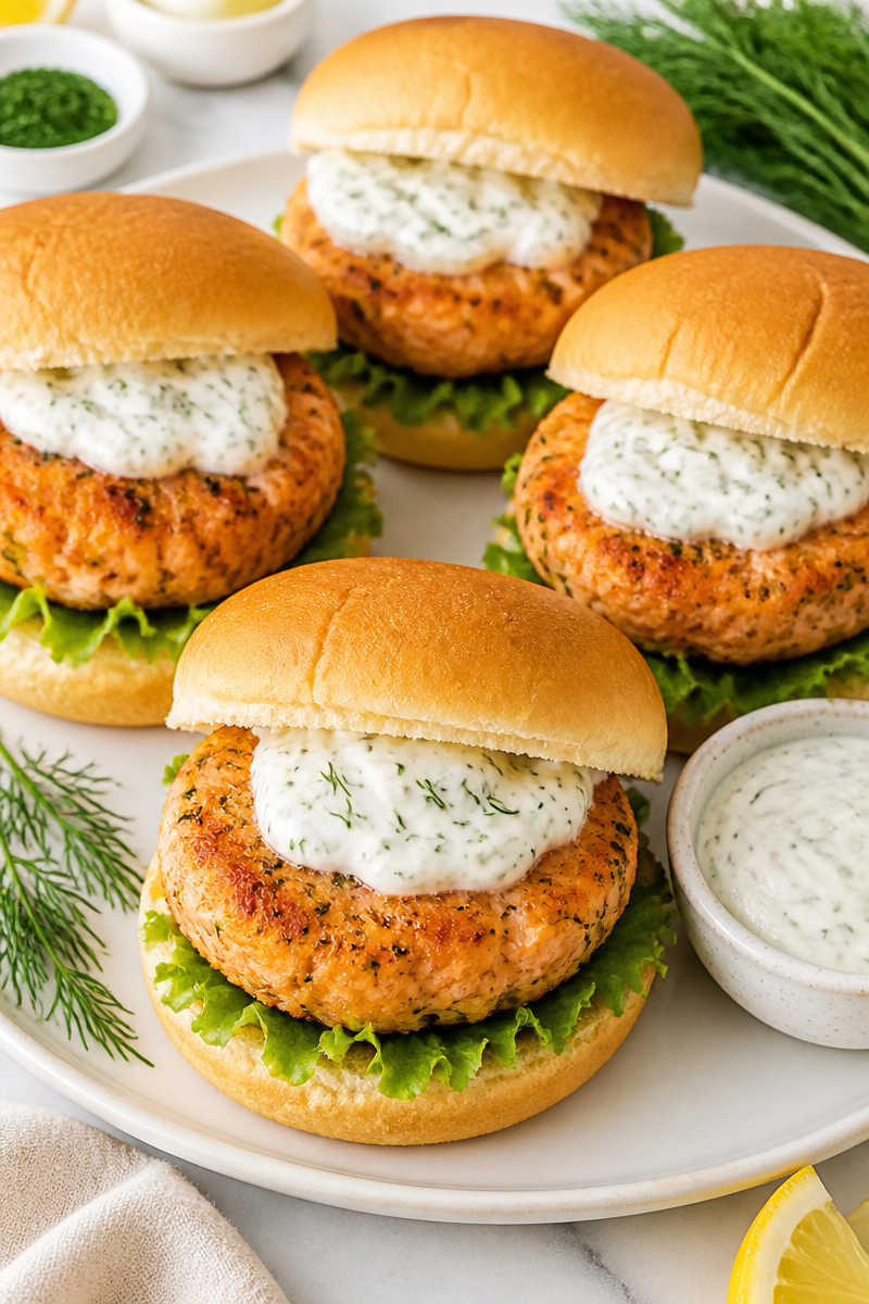 Crispy Baked Salmon Burger Dill Sauce