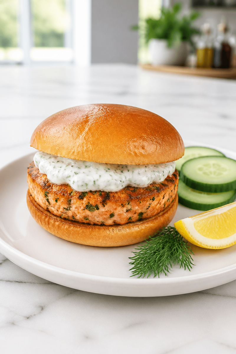 Crispy Baked Salmon Burger Dill Sauce
