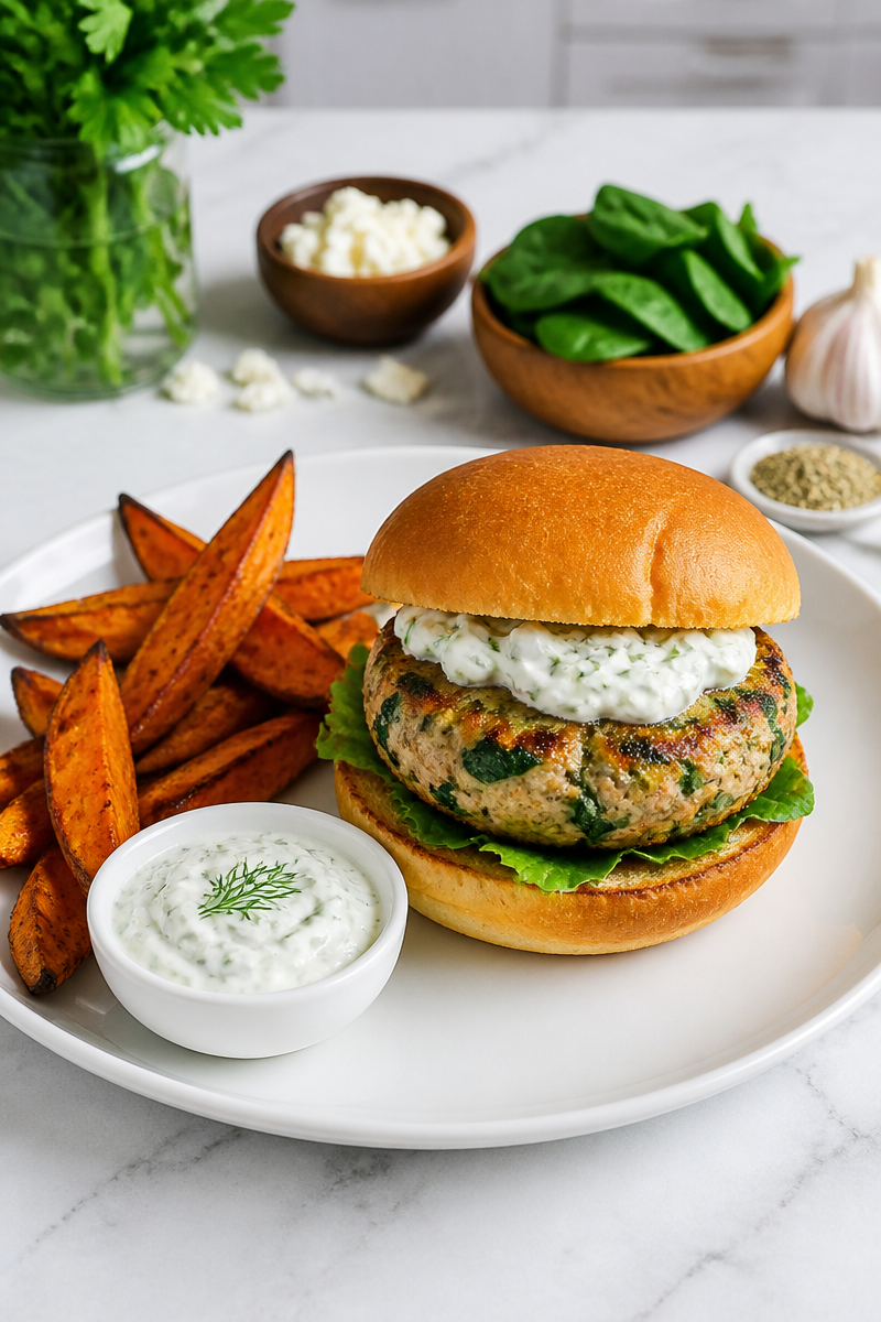 Crispy Baked Turkey Burger Feta Spinach