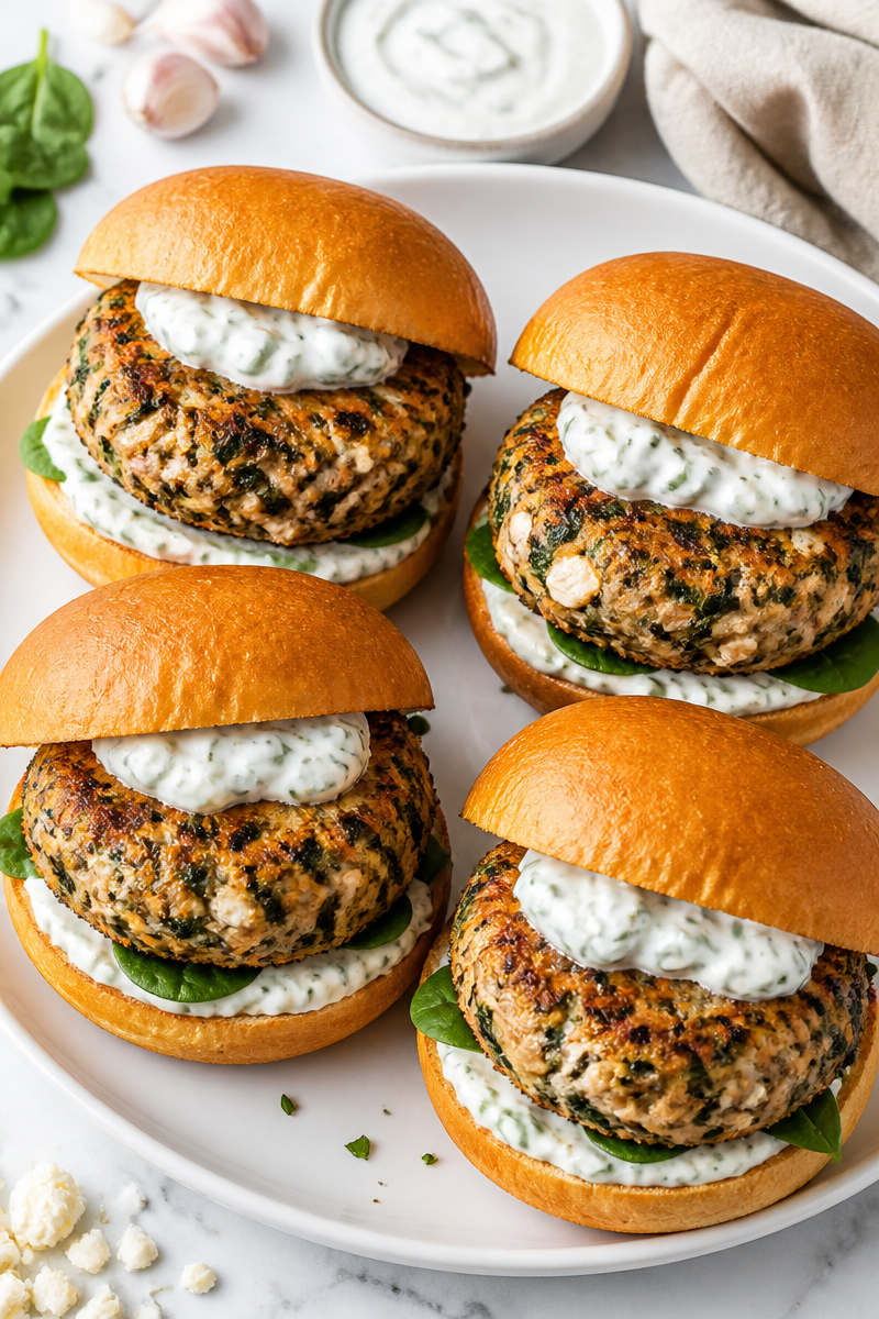 Crispy Baked Turkey Burger Feta Spinach