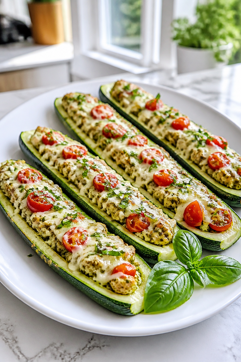 Crispy Baked Zucchini Boat Pesto Chicken